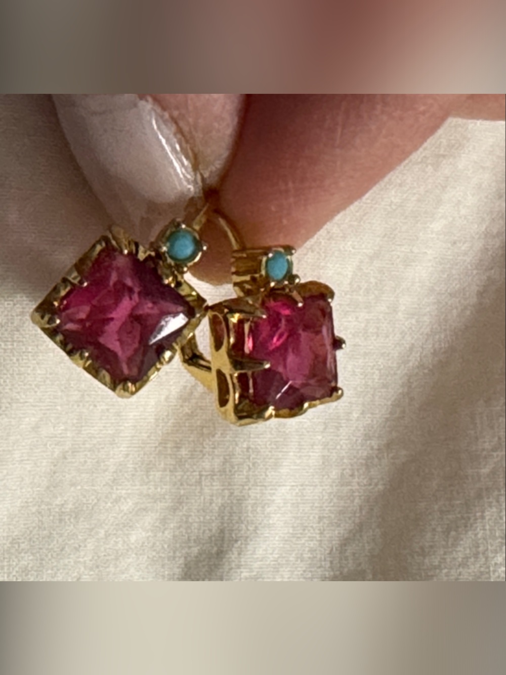 Gold-Tone Pink Gemstone Drop Earrings with Turquoise Accents